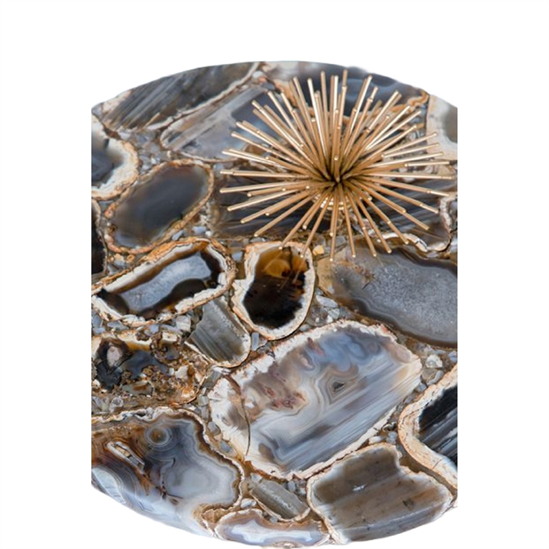 Lima Side End Table- 12 Inch Round Black Agate- Marble Cylinder Base