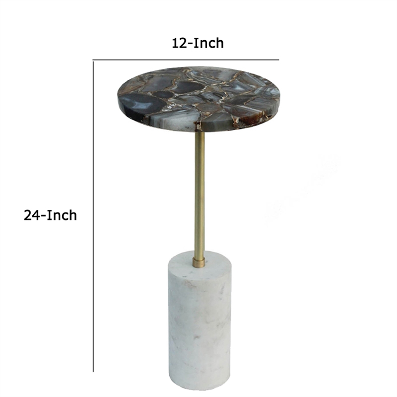 Lima Side End Table- 12 Inch Round Black Agate- Marble Cylinder Base