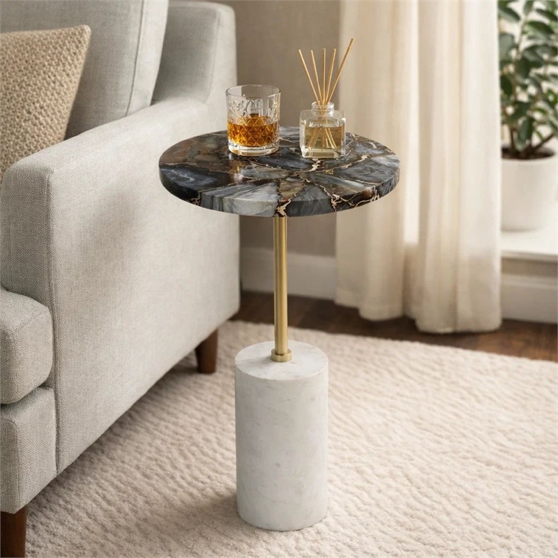 Lima Side End Table- 12 Inch Round Black Agate- Marble Cylinder Base