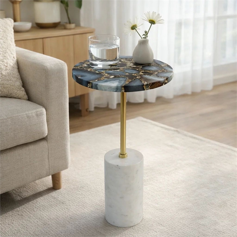 Lima Side End Table- 12 Inch Round Black Agate- Marble Cylinder Base