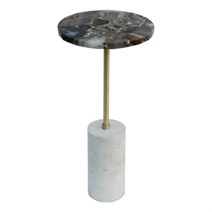 Lima Side End Table- 12 Inch Round Black Agate- Marble Cylinder Base