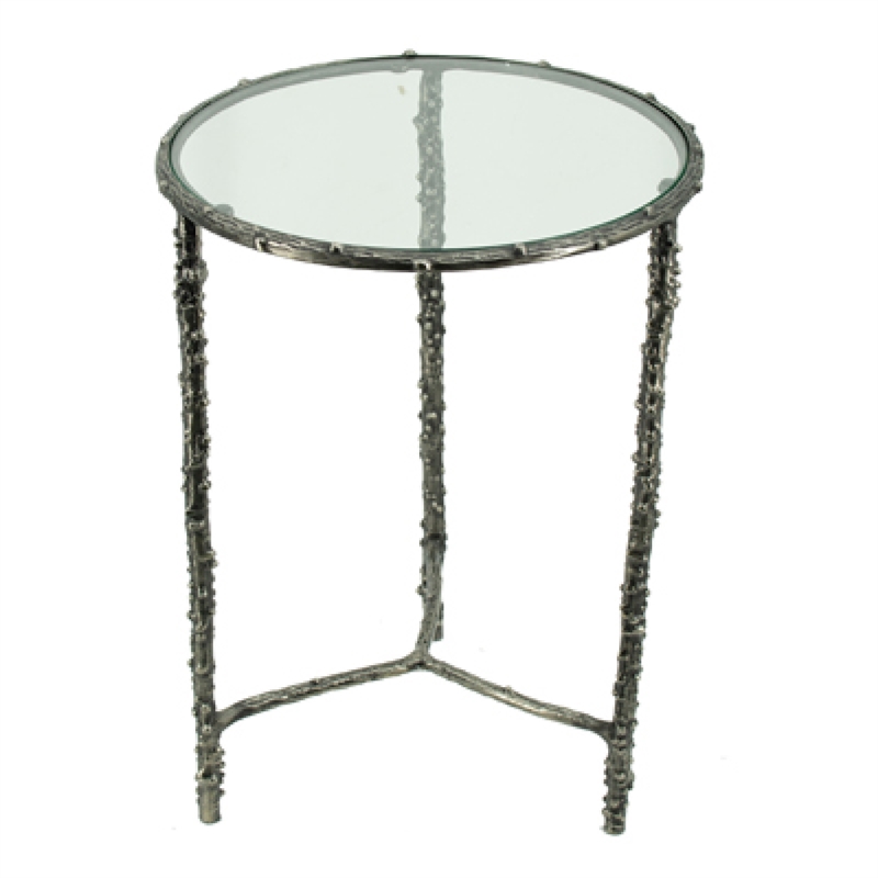 2pc End Table Set- Round Glass Top- Forged Antique Silver Finish