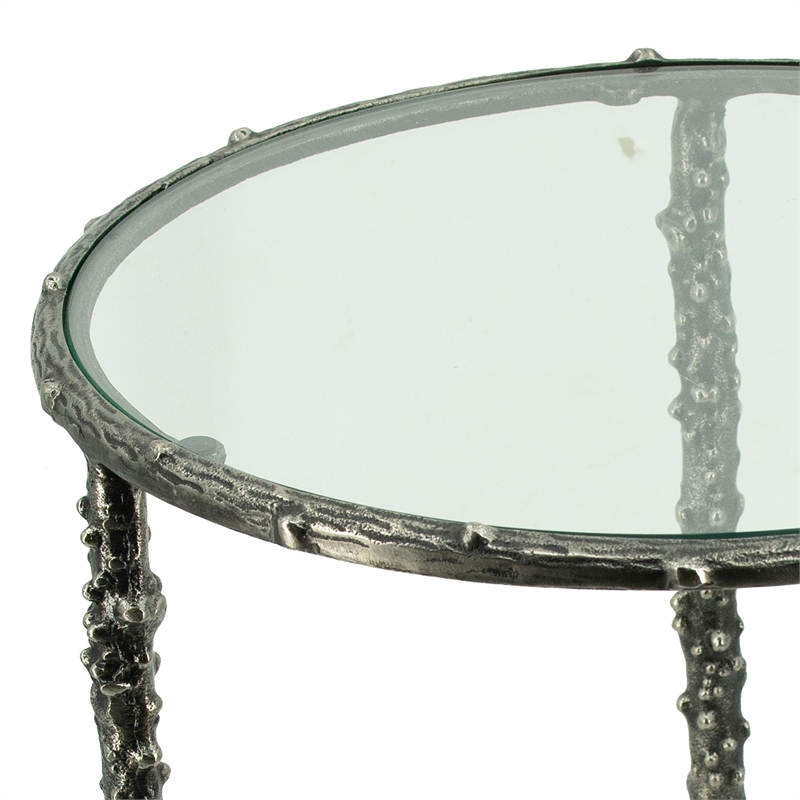 2pc End Table Set- Round Glass Top- Forged Antique Silver Finish