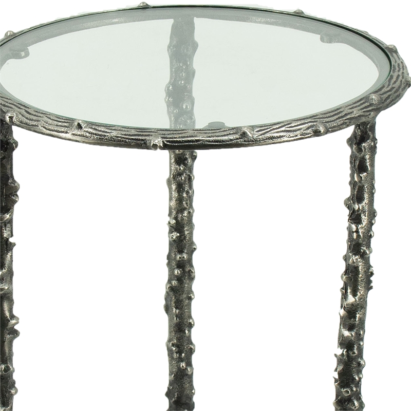 2pc End Table Set- Round Glass Top- Forged Antique Silver Finish