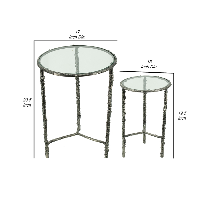 2pc End Table Set- Round Glass Top- Forged Antique Silver Finish