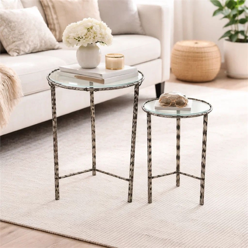 2pc End Table Set- Round Glass Top- Forged Antique Silver Finish