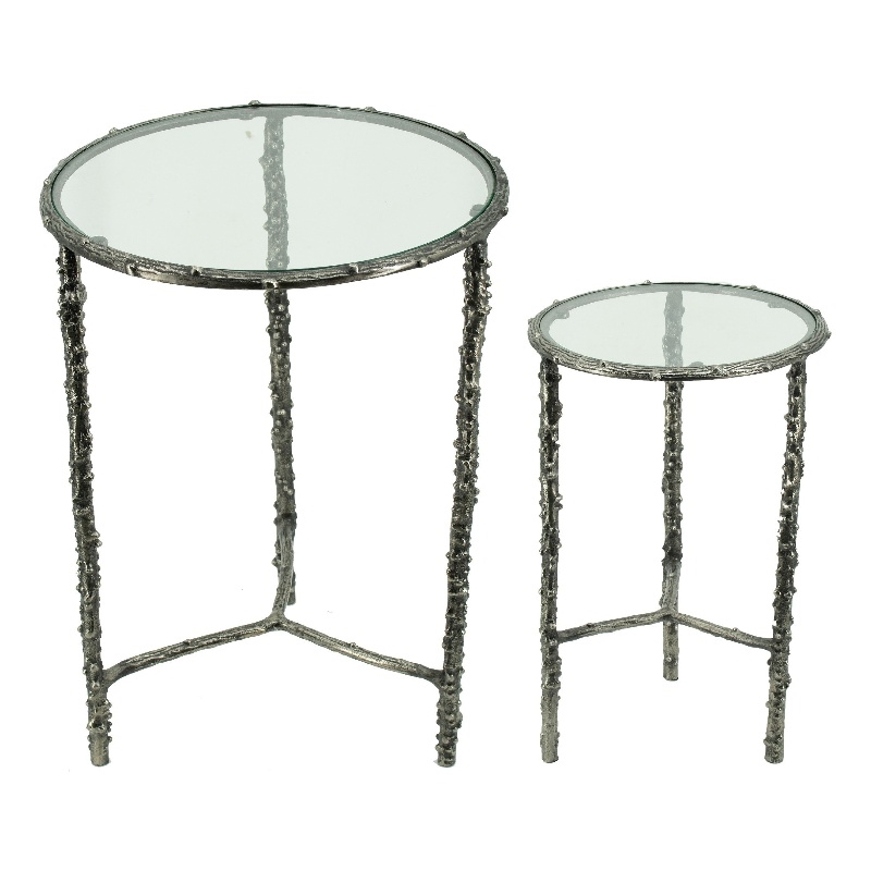 2pc End Table Set- Round Glass Top- Forged Antique Silver Finish