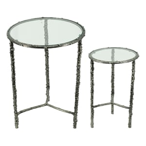 2pc End Table Set- Round Glass Top- Forged Antique Silver Finish