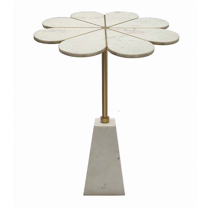 Gony Side End Table- 22 Inch Flower Top- Gold Brass Inlay- White Marble
