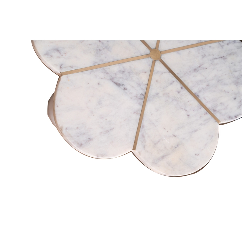 Gony Side End Table- 22 Inch Flower Top- Gold Brass Inlay- White Marble