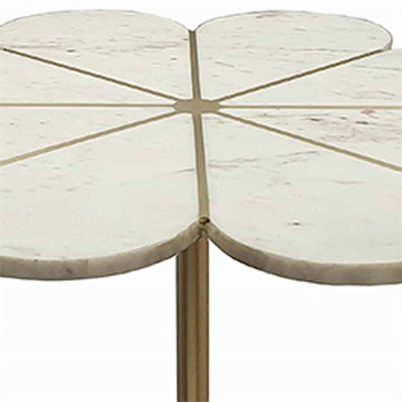 Gony Side End Table- 22 Inch Flower Top- Gold Brass Inlay- White Marble
