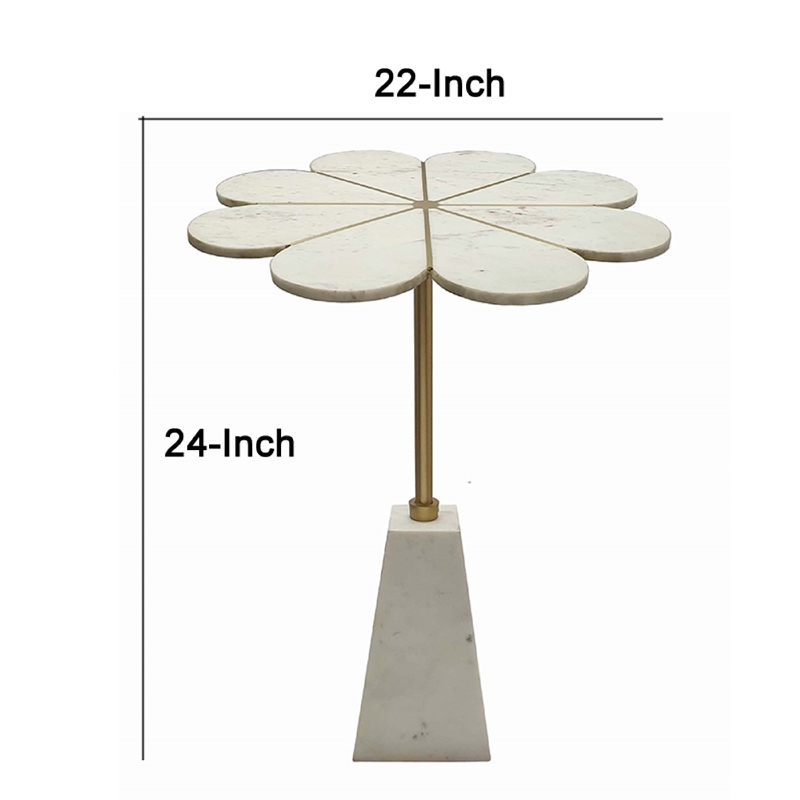 Gony Side End Table- 22 Inch Flower Top- Gold Brass Inlay- White Marble