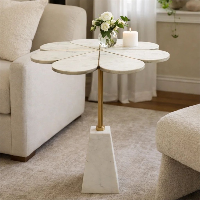 Gony Side End Table- 22 Inch Flower Top- Gold Brass Inlay- White Marble