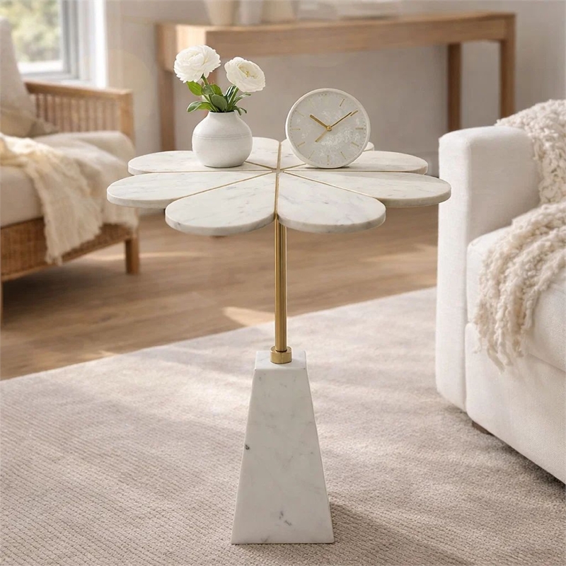 Gony Side End Table- 22 Inch Flower Top- Gold Brass Inlay- White Marble