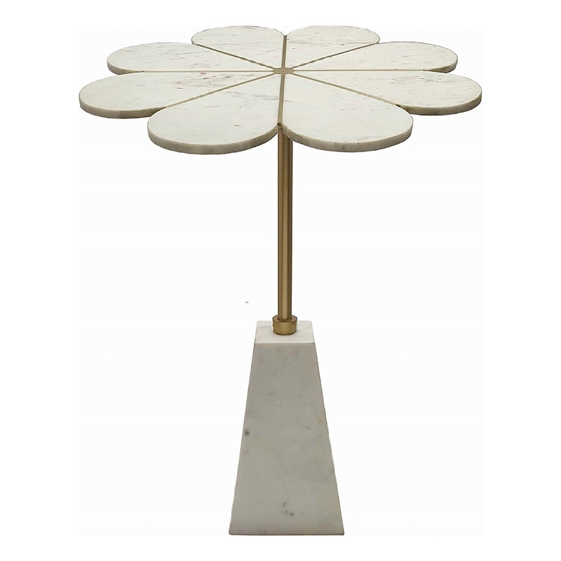 Gony Side End Table- 22 Inch Flower Top- Gold Brass Inlay- White Marble