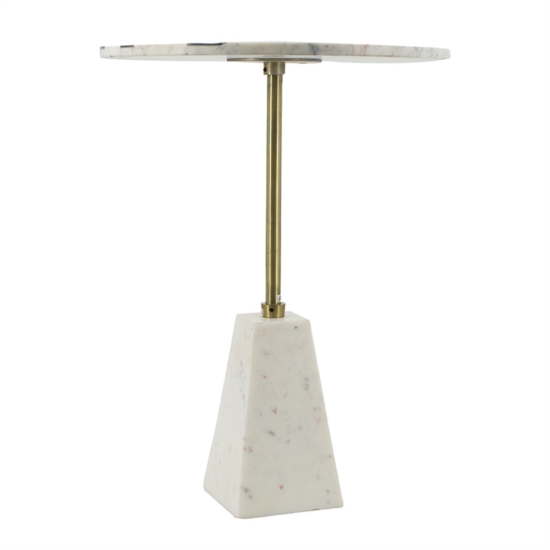 Gony Side End Table- 18 Inch Round Zig Zag Top- Brass Inlay- White Marble