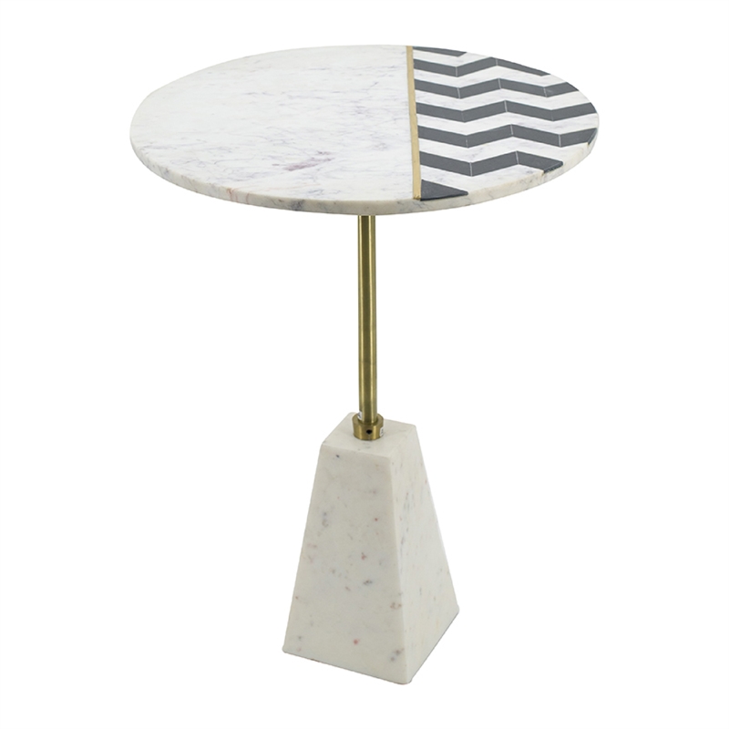 Gony Side End Table- 18 Inch Round Zig Zag Top- Brass Inlay- White Marble
