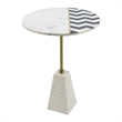 Gony Side End Table- 18 Inch Round Zig Zag Top- Brass Inlay- White Marble