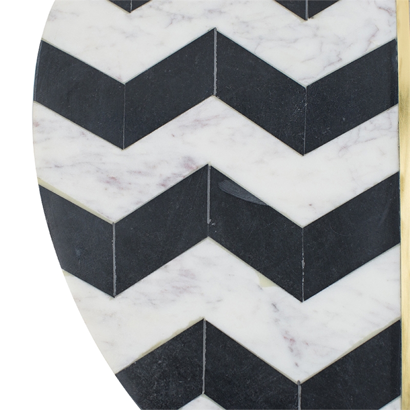 Gony Side End Table- 18 Inch Round Zig Zag Top- Brass Inlay- White Marble