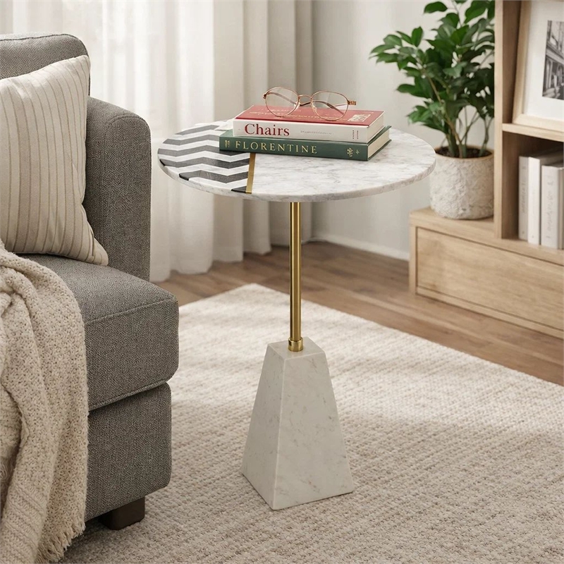 Gony Side End Table- 18 Inch Round Zig Zag Top- Brass Inlay- White Marble