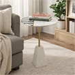 Gony Side End Table- 18 Inch Round Zig Zag Top- Brass Inlay- White Marble