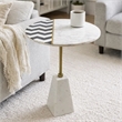 Gony Side End Table- 18 Inch Round Zig Zag Top- Brass Inlay- White Marble