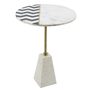Gony Side End Table- 18 Inch Round Zig Zag Top- Brass Inlay- White Marble