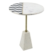 Gony Side End Table- 18 Inch Round Zig Zag Top- Brass Inlay- White Marble