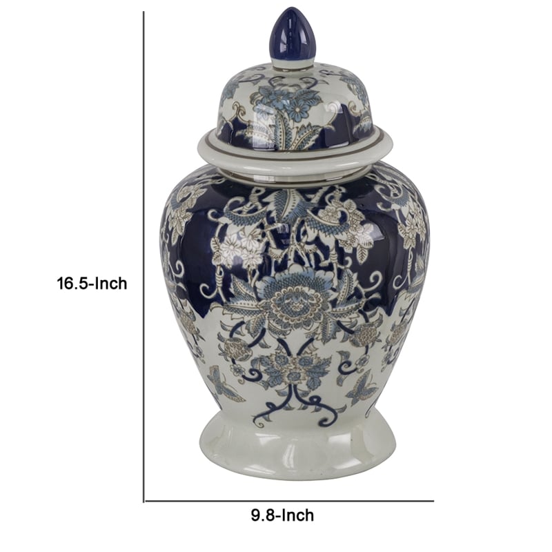 Rayn Ginger Jar with Lid- Blue White Chinoiserie Art- 17 Inch Porcelain