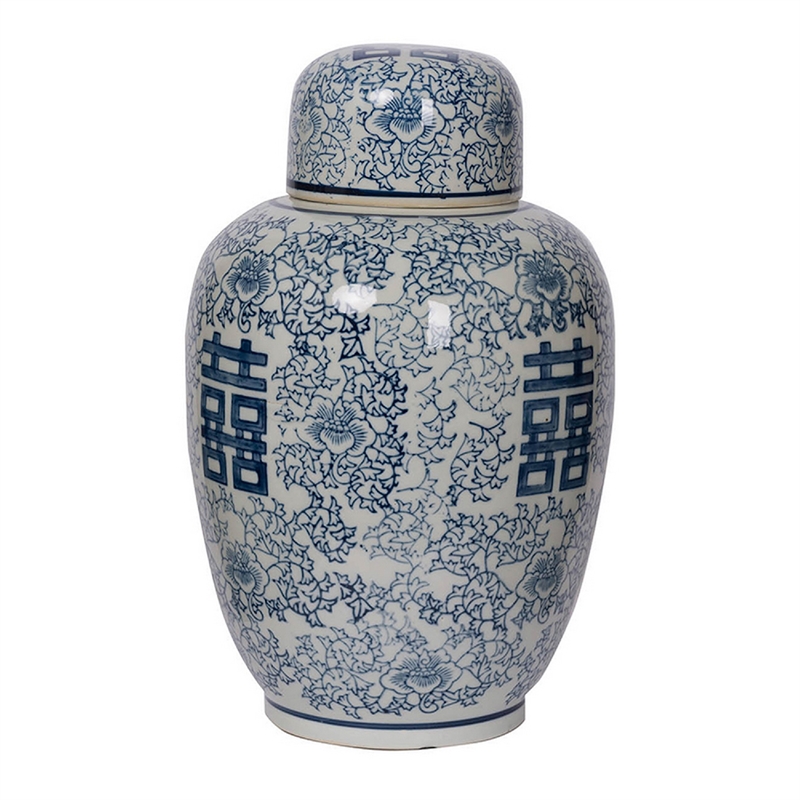 Decorative Ginger Jar with Lid- Blue and White Porcelain- 13 Inch