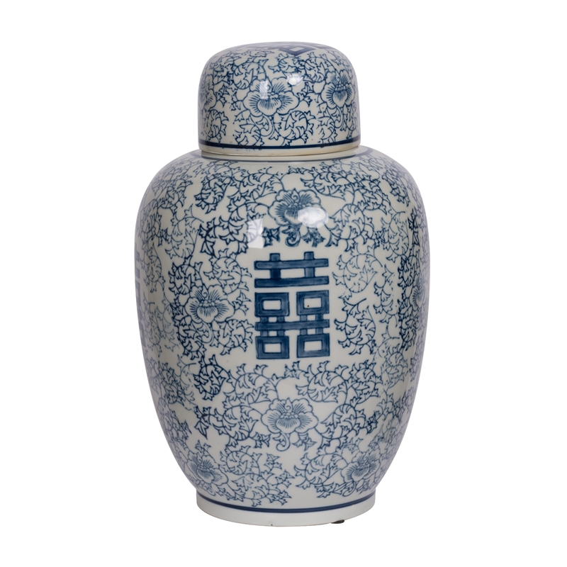Decorative Ginger Jar with Lid- Blue and White Porcelain- 13 Inch