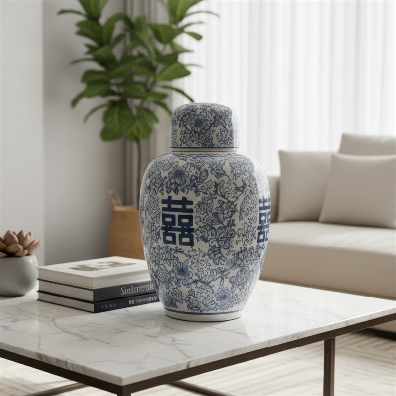 Decorative Ginger Jar with Lid- Blue and White Porcelain- 13 Inch