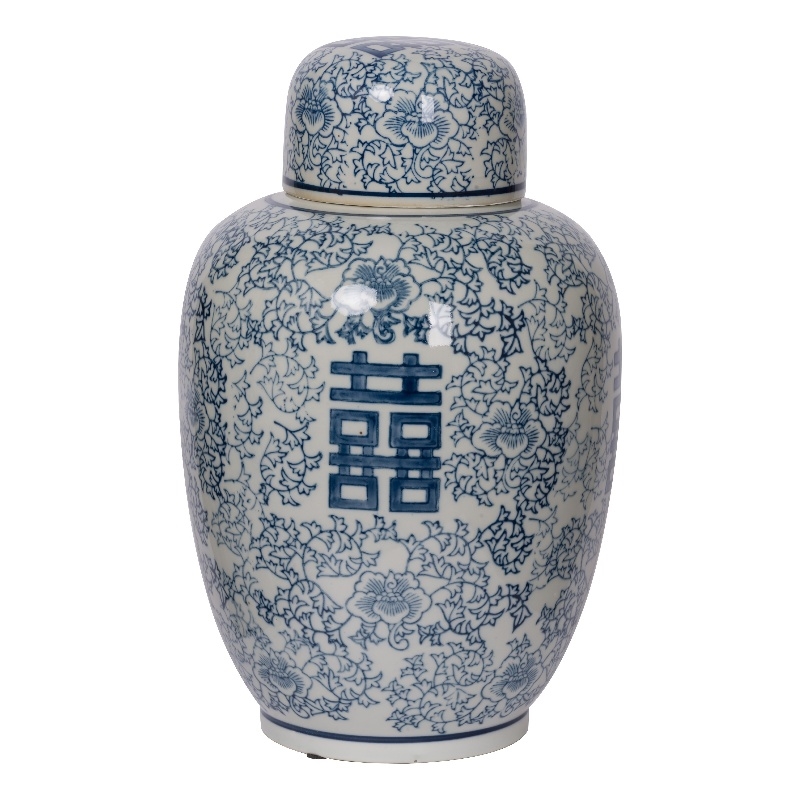 Decorative Ginger Jar with Lid- Blue and White Porcelain- 13 Inch