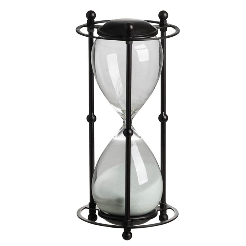 Iaon Hourglass Timer with White Sand- Tabletop 13 Inch Black Iron Stand