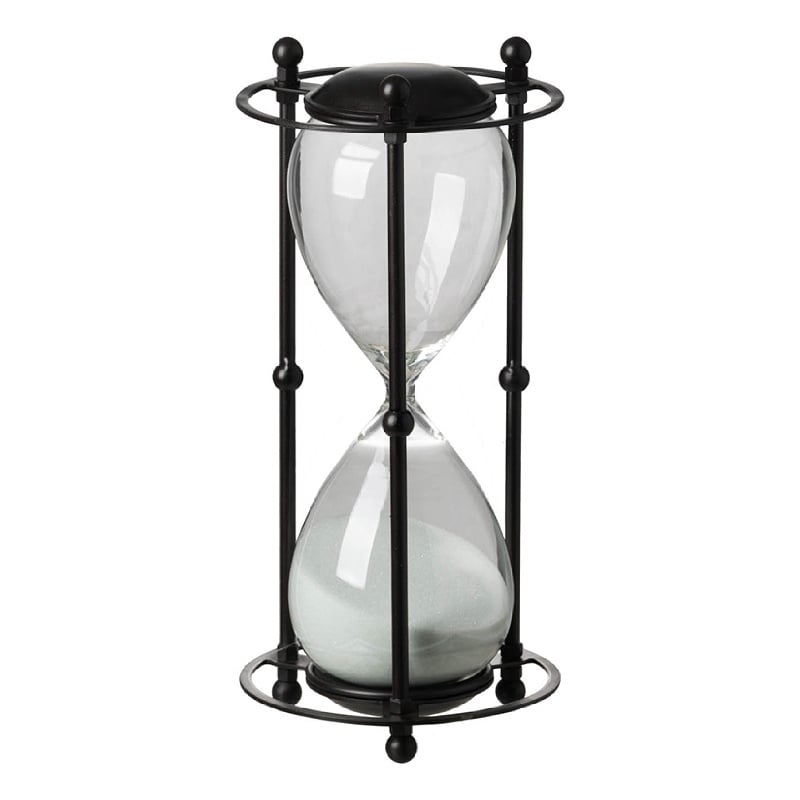 Iaon Hourglass Timer with White Sand- Tabletop 13 Inch Black Iron Stand
