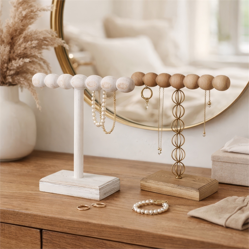 1-Tier Jewelry Stand Set of 2- Luxe Brown and Ivory Wood- T Shape 18 Inch