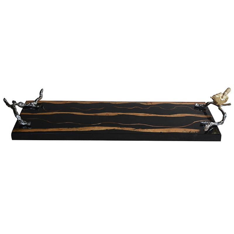 Vada Rectangular Tray- Silver Branch Handles w Bird- Brown Wood- 26 Inch