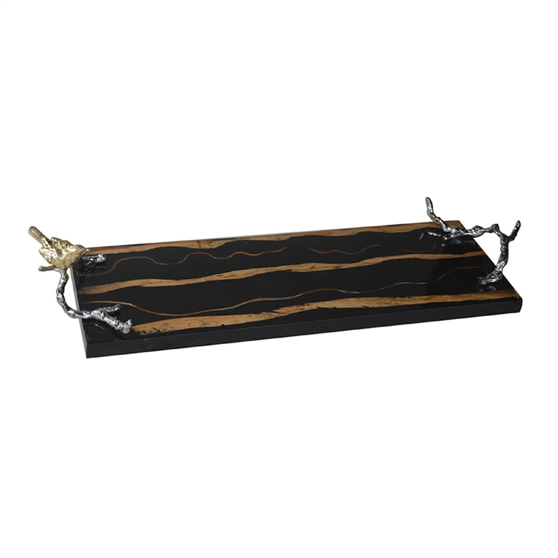 Vada Rectangular Tray- Silver Branch Handles w Bird- Brown Wood- 26 Inch