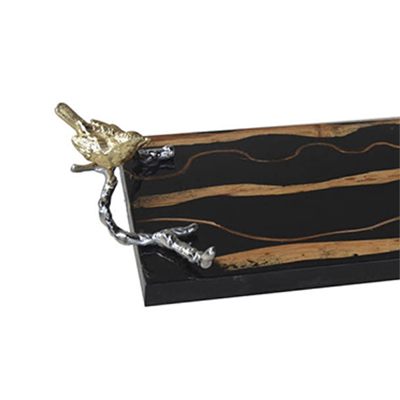 Vada Rectangular Tray- Silver Branch Handles w Bird- Brown Wood- 26 Inch