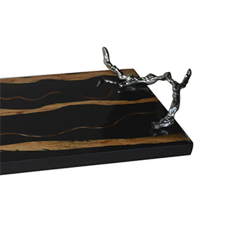 Vada Rectangular Tray- Silver Branch Handles w Bird- Brown Wood- 26 Inch