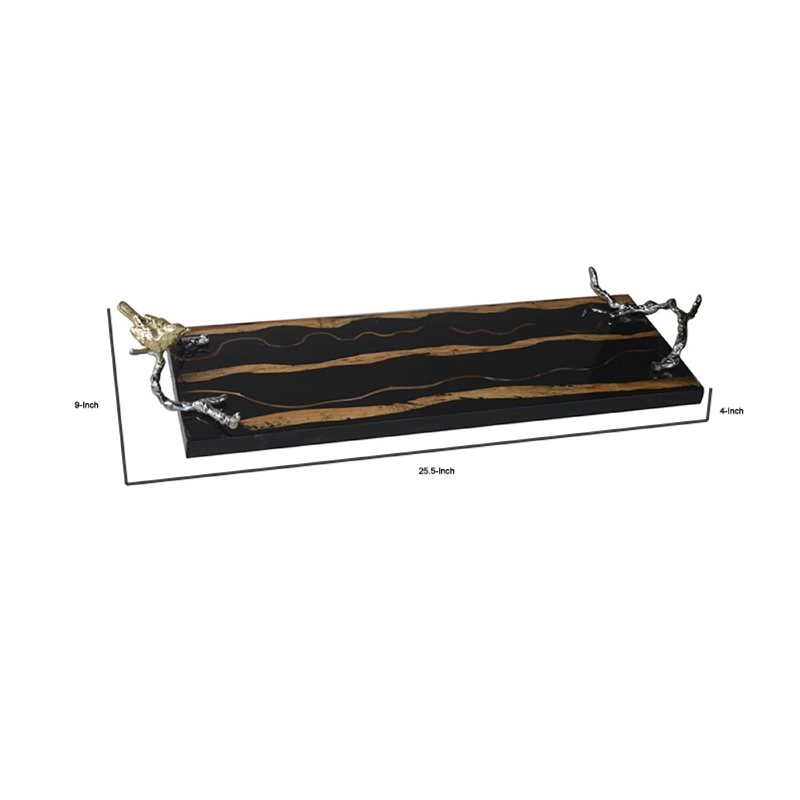 Vada Rectangular Tray- Silver Branch Handles w Bird- Brown Wood- 26 Inch