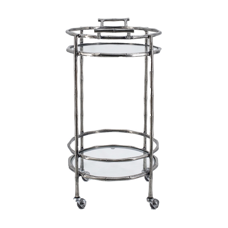 2 Tier Rolling Bar Cart- Glass Shelves- 30 Inch Bamboo Design Silver Metal