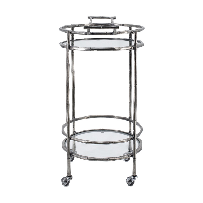 2 Tier Rolling Bar Cart- Glass Shelves- 30 Inch Bamboo Design Silver Metal