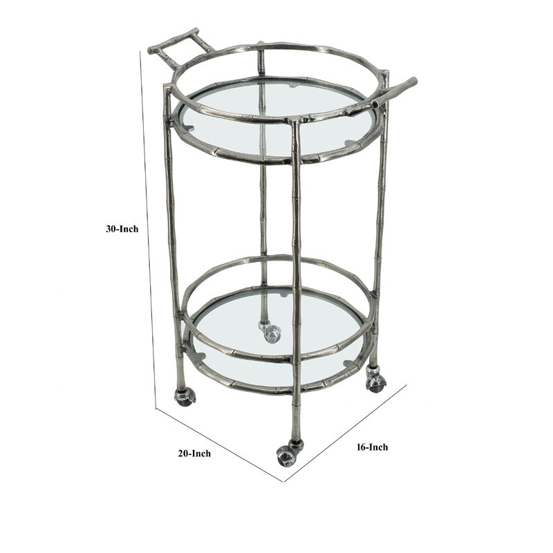 2 Tier Rolling Bar Cart- Glass Shelves- 30 Inch Bamboo Design Silver Metal