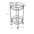 2 Tier Rolling Bar Cart- Glass Shelves- 30 Inch Bamboo Design Silver Metal