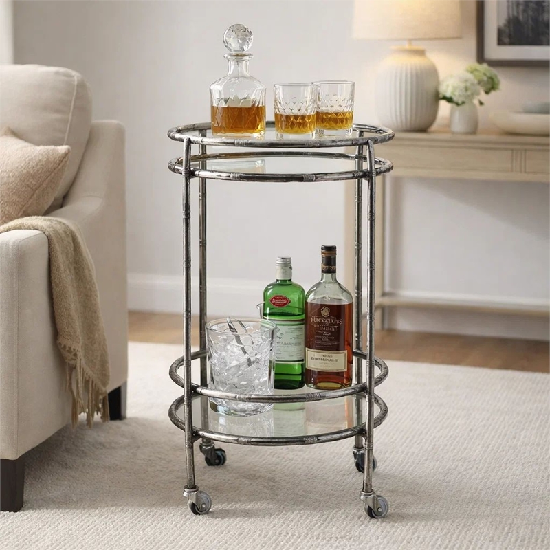 2 Tier Rolling Bar Cart- Glass Shelves- 30 Inch Bamboo Design Silver Metal