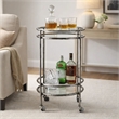 2 Tier Rolling Bar Cart- Glass Shelves- 30 Inch Bamboo Design Silver Metal