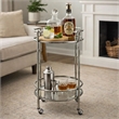 2 Tier Rolling Bar Cart- Glass Shelves- 30 Inch Bamboo Design Silver Metal