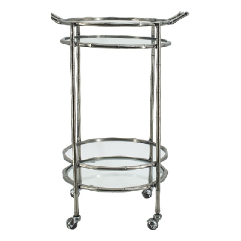 2 Tier Rolling Bar Cart- Glass Shelves- 30 Inch Bamboo Design Silver Metal