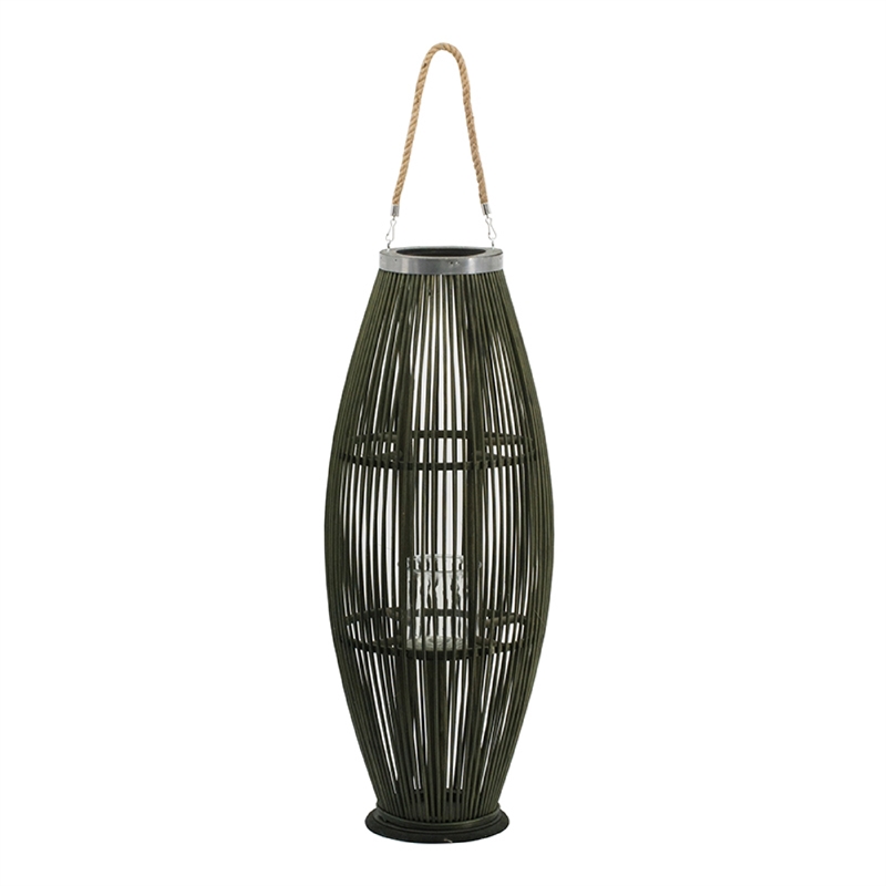 Prish Tall Lantern- Glass Insert- 33 Inch Green Bamboo Frame- Hemp Rope